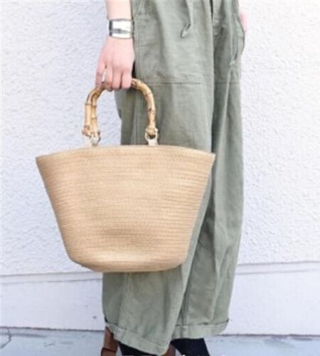 Fashion Bag Shoulder Striped Straw Bamboo Handle Handbag Woven Bags Purse Hasp