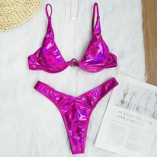 Women Swimsuit V-bar Underwired Ribbed Thong Swimwear Two-pieces Bikini Push Up