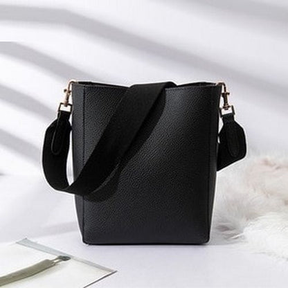 Bucket Shoulder Bag Women Handbags Synthetic Leather Messenger Bags Wide Strap