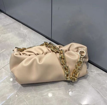 Genuine Cow Leather Handbag Thick Thin Chain Cloud Dumplings Clutch Shoulder Bag