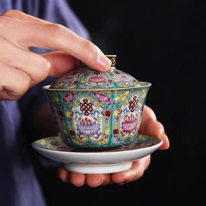 Antique Style Color Enamel Porcelain Gaiwan Handpainted Ceramic Tureen Cup Bowl