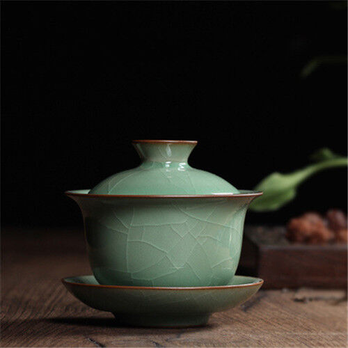 Real Longquan Celadon Gaiwan Porcelain Tea Bowl Lid Cup Saucer Covered Bowls New