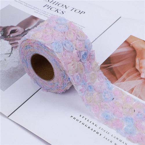 Party Decoration 5Yards DIY Rose Lace Fabric 3D Chiffon Flower Embroidered Decor