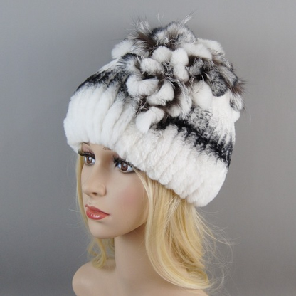 New Women Fur Hat Winter Handmade Rabbit Fur Cap Fur Headwear Warm Beanies Cap