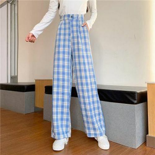 Women Pants Street Simple Vintage Plaid Causal Long Fashion Straight Wide Leg