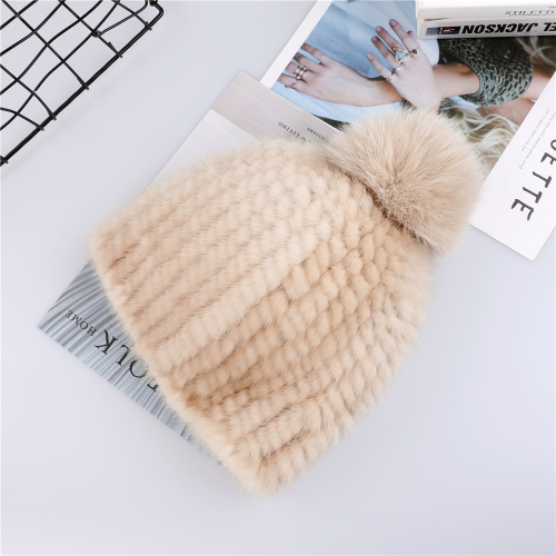 Real Mink Fur Hat Women Knitted Beanie Cap with Fur Pom Poms Thick Cap Elastic