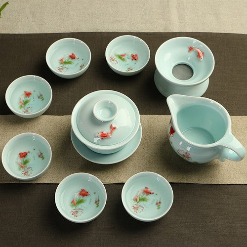 Longquan Celadon Complete Tea Set Porcelain Tea Pot Gaiwan Tureen Tea Cups Fish
