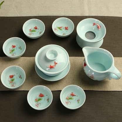 Longquan Celadon Complete Tea Set Porcelain Tea Pot Gaiwan Tureen Tea Cups Fish