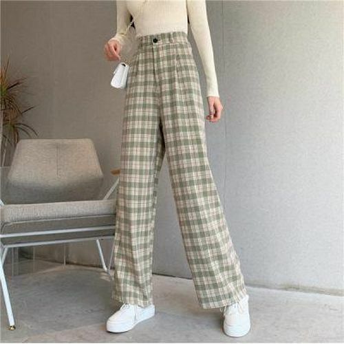 Women Pants Street Simple Vintage Plaid Causal Long Fashion Straight Wide Leg