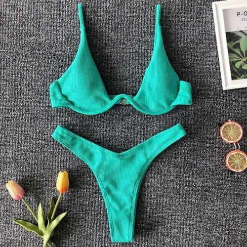 Women Swimsuit V-bar Underwired Ribbed Thong Swimwear Two-pieces Bikini Push Up
