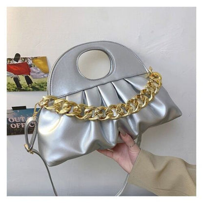 Handbag Thick Chain Handle Pleated Shell Bag Clutch Purses Crossbody Long Belt