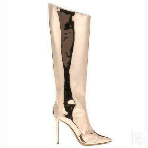 Women Metallic Mirror Patent Leather High Heel Knee High Boots Side Zipper Boots