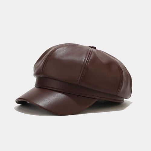 Lady Girl Newsboy Gatsby Beret Baker Boy Hat Cap Sheepskin Leather Vintage Black