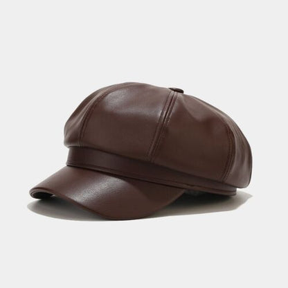 Lady Girl Newsboy Gatsby Beret Baker Boy Hat Cap Sheepskin Leather Vintage Black
