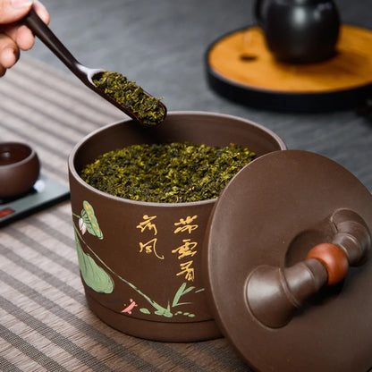 sealed tea canister lotus relief handpainted Chinese tea jar with lid storage loose tea true yixing zisha health care caddy new