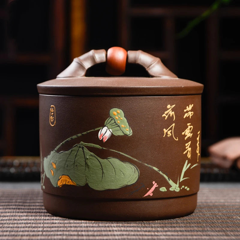 sealed tea canister lotus relief handpainted Chinese tea jar with lid storage loose tea true yixing zisha health care caddy new