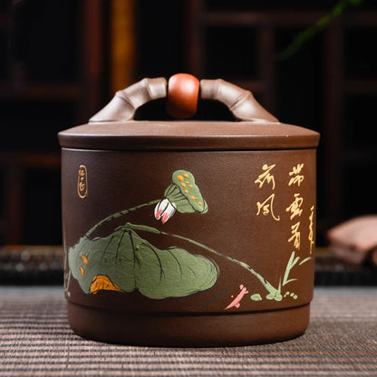 sealed tea canister lotus relief handpainted Chinese tea jar with lid storage loose tea true yixing zisha health care caddy new
