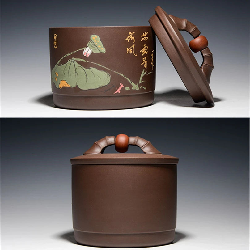 sealed tea canister lotus relief handpainted Chinese tea jar with lid storage loose tea true yixing zisha health care caddy new