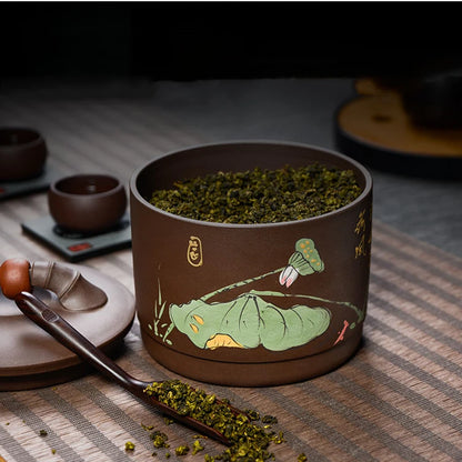sealed tea canister lotus relief handpainted Chinese tea jar with lid storage loose tea true yixing zisha health care caddy new