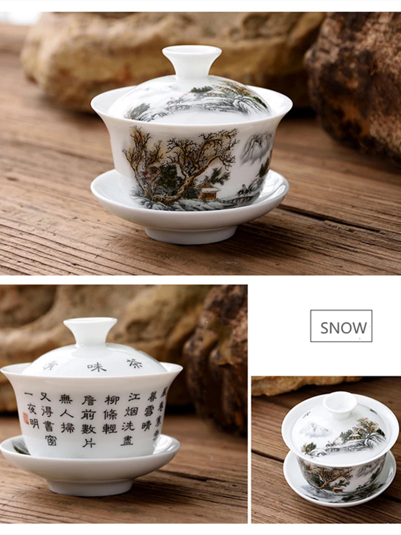 small gaiwan 80cc porcelain tureen China ceramic tea bowl set covered bowl with lid cup saucer under glaze mountain river print