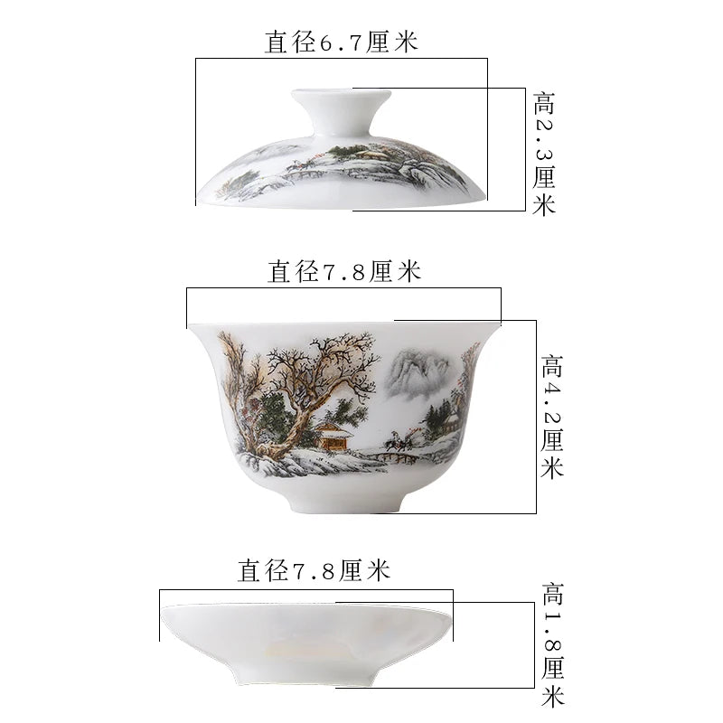 small gaiwan 80cc porcelain tureen China ceramic tea bowl set covered bowl with lid cup saucer under glaze mountain river print