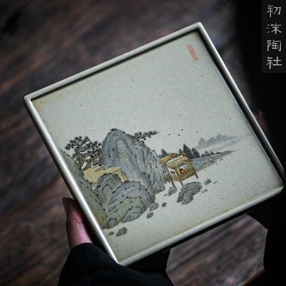 society Jingdezhen hand painted square tea tray small retro open piece pot bearing ceramic dry bubble table pot holder