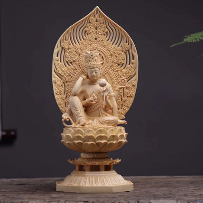 solid wood carving Ruyi six-armed Guanyin Bodhisattva Statue，Wooden hand-carved Buddha statue，Chinese Home Feng Shui Statue 28cm