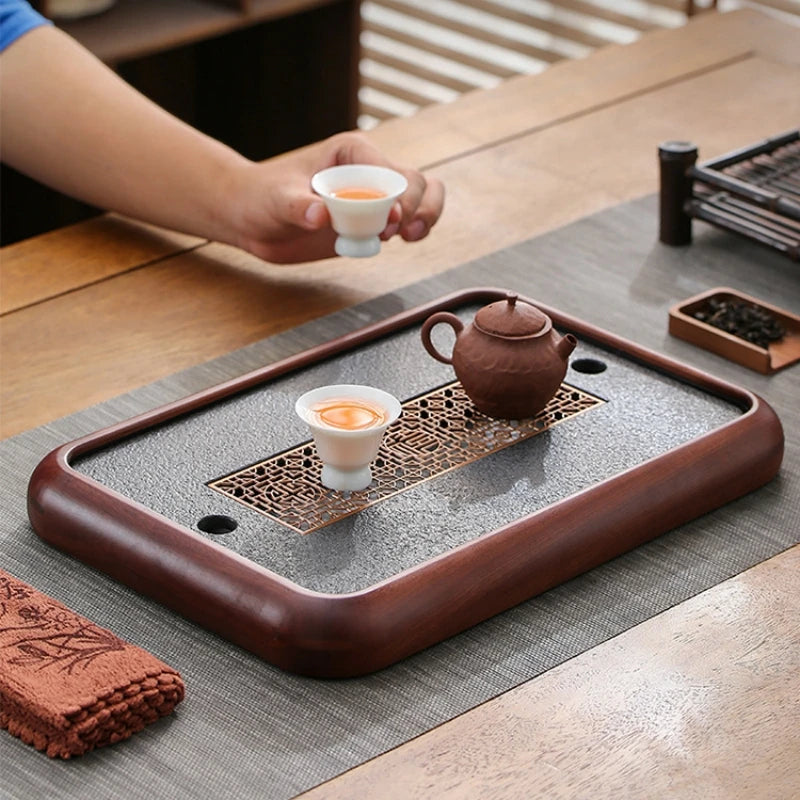 solid wood tea tray black stone serving tray water reservoir rectangle for kungfu tea set on sales simple pattern made in China