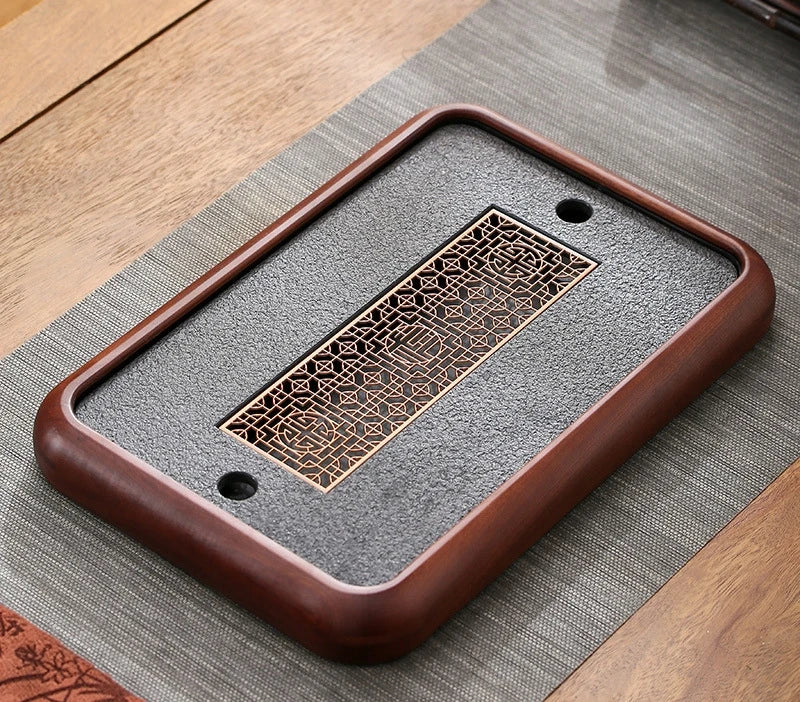 solid wood tea tray black stone serving tray water reservoir rectangle for kungfu tea set on sales simple pattern made in China