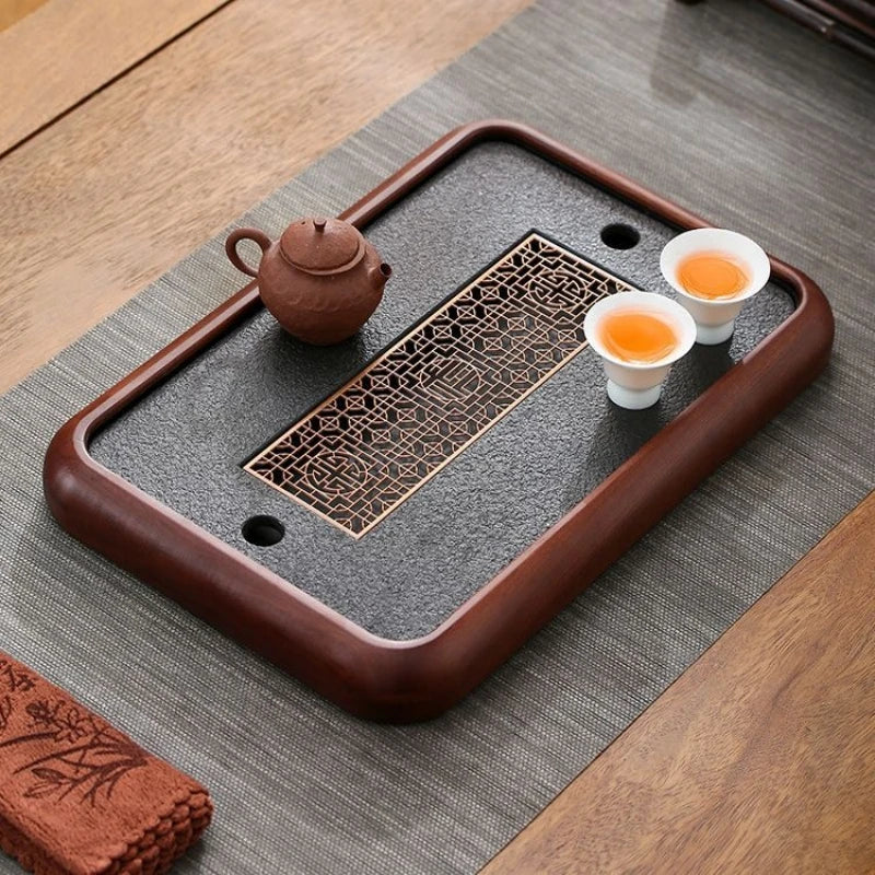solid wood tea tray black stone serving tray water reservoir rectangle for kungfu tea set on sales simple pattern made in China