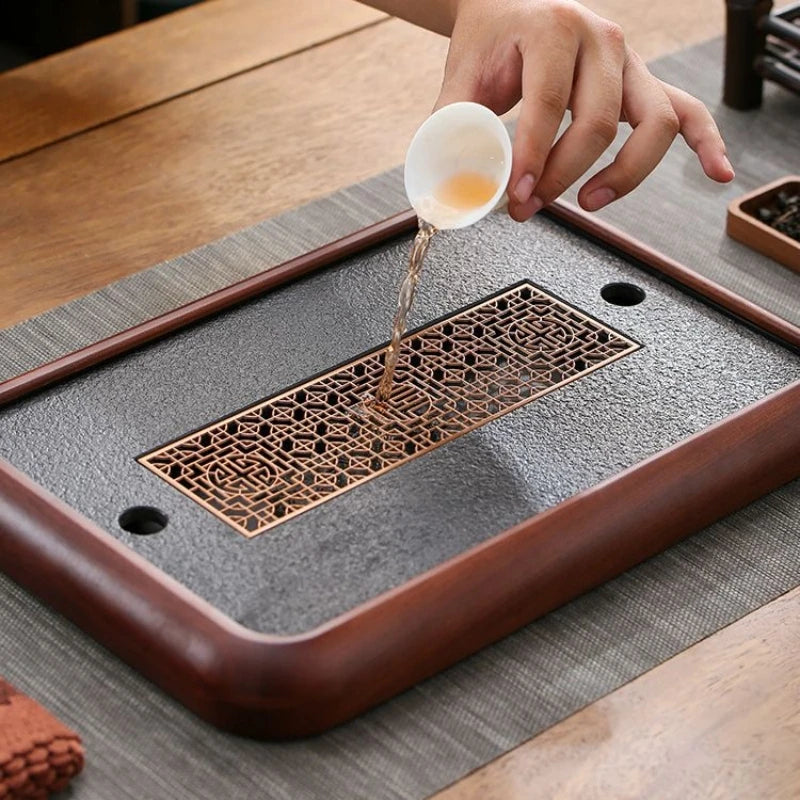 solid wood tea tray black stone serving tray water reservoir rectangle for kungfu tea set on sales simple pattern made in China