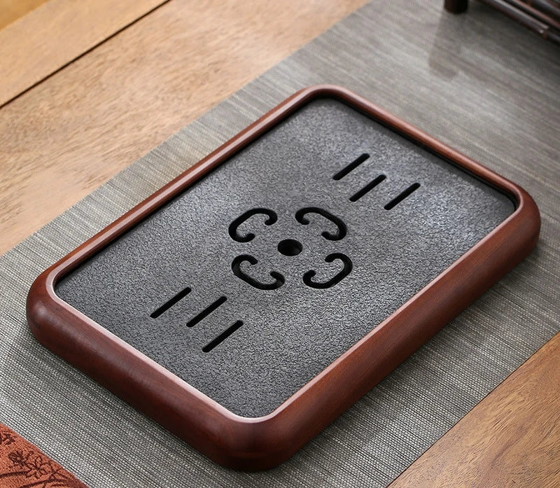 solid wood tea tray black stone serving tray water reservoir rectangle for kungfu tea set on sales simple pattern made in China