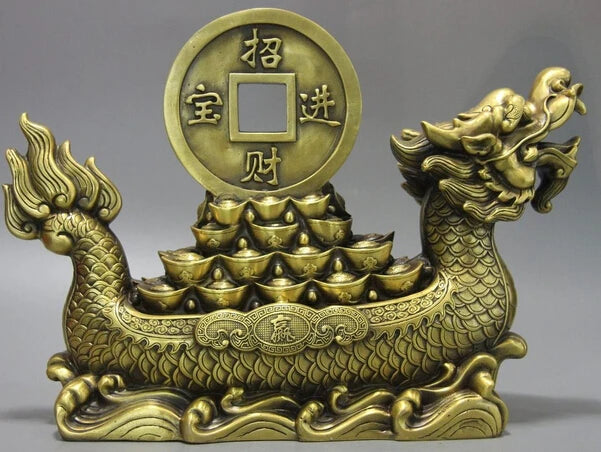 song voge gem S1194 China Palace Brass Copper Fengshui Yuanbao Wealth Money Dragon Boat Ship Statue