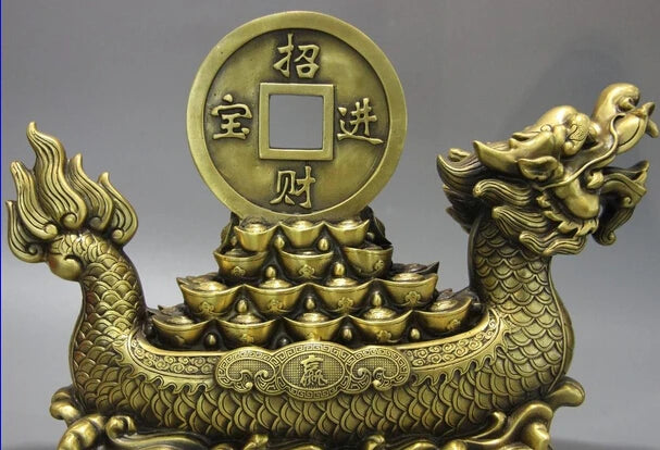 song voge gem S1194 China Palace Brass Copper Fengshui Yuanbao Wealth Money Dragon Boat Ship Statue