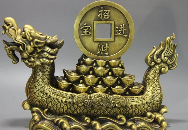 song voge gem S1194 China Palace Brass Copper Fengshui Yuanbao Wealth Money Dragon Boat Ship Statue