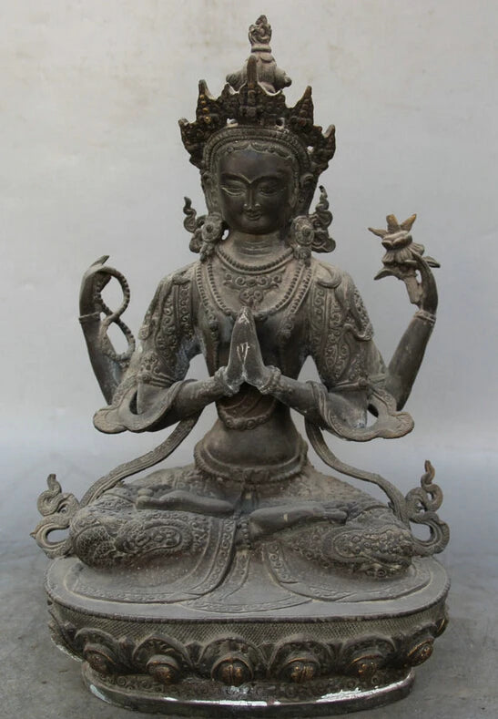 song voge gem S1840 13" Tibet Buddhism Bronze Seat 4 arms Chenrezig Buddha Avalokiteshvara sculpture