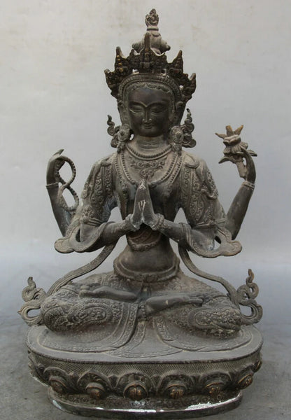 song voge gem S1840 13" Tibet Buddhism Bronze Seat 4 arms Chenrezig Buddha Avalokiteshvara sculpture