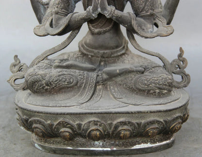 song voge gem S1840 13" Tibet Buddhism Bronze Seat 4 arms Chenrezig Buddha Avalokiteshvara sculpture