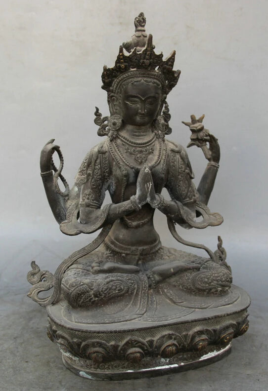 song voge gem S1840 13" Tibet Buddhism Bronze Seat 4 arms Chenrezig Buddha Avalokiteshvara sculpture