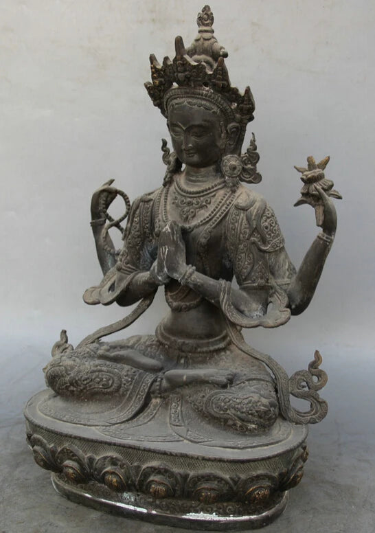 song voge gem S1840 13" Tibet Buddhism Bronze Seat 4 arms Chenrezig Buddha Avalokiteshvara sculpture