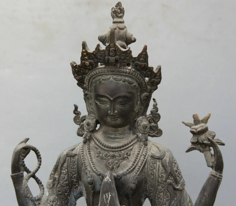 song voge gem S1840 13" Tibet Buddhism Bronze Seat 4 arms Chenrezig Buddha Avalokiteshvara sculpture