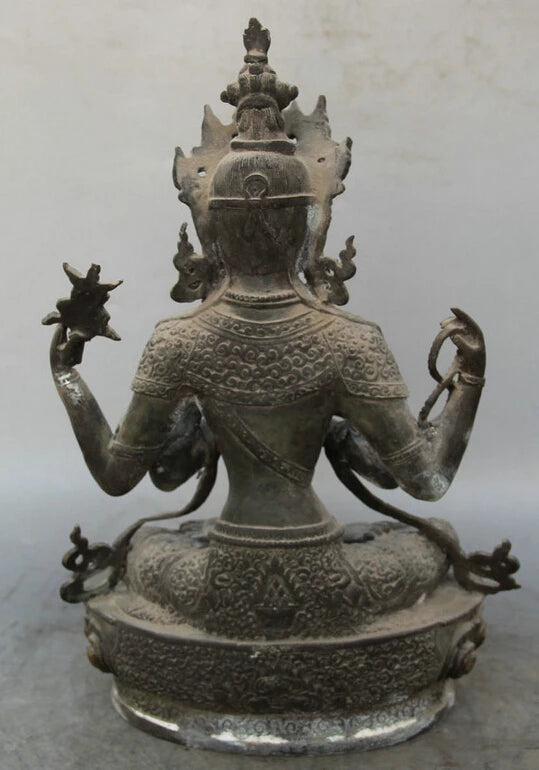 song voge gem S1840 13" Tibet Buddhism Bronze Seat 4 arms Chenrezig Buddha Avalokiteshvara sculpture