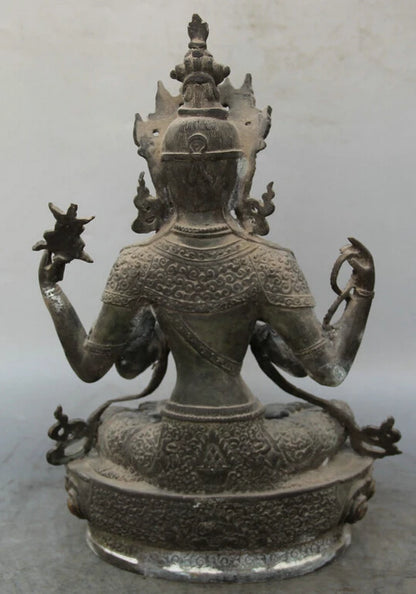 song voge gem S1840 13" Tibet Buddhism Bronze Seat 4 arms Chenrezig Buddha Avalokiteshvara sculpture