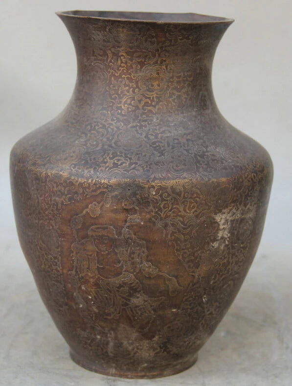song voge gem S1852 9" Marked Chinese Bronze Folk lotus man menfolk vessel flower Bottle Vase Pot