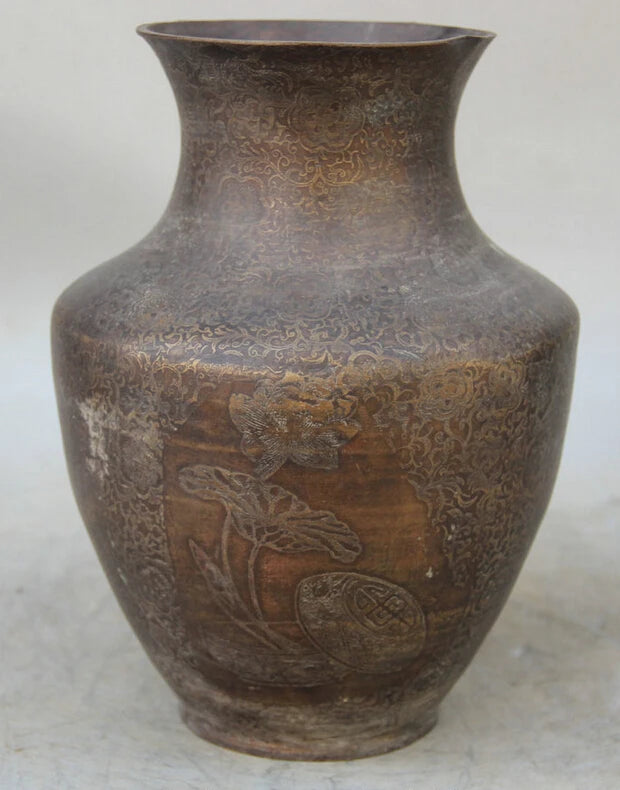 song voge gem S1852 9" Marked Chinese Bronze Folk lotus man menfolk vessel flower Bottle Vase Pot