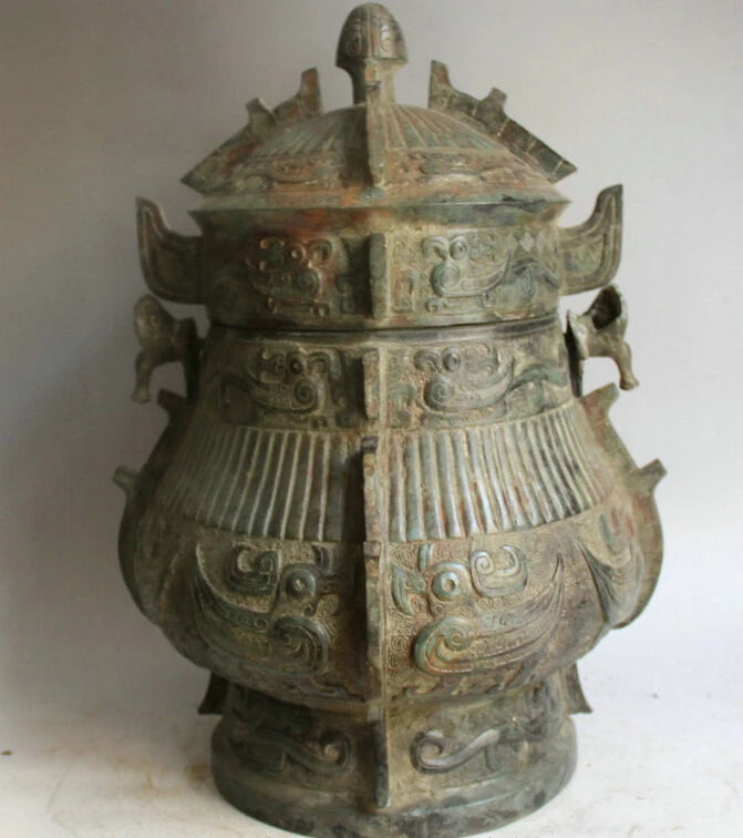 song voge gem S2169 20" Old Chinese Bronze Folk Beast Bird food vessel portable Pot jug jar kettle