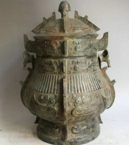 song voge gem S2169 20" Old Chinese Bronze Folk Beast Bird food vessel portable Pot jug jar kettle