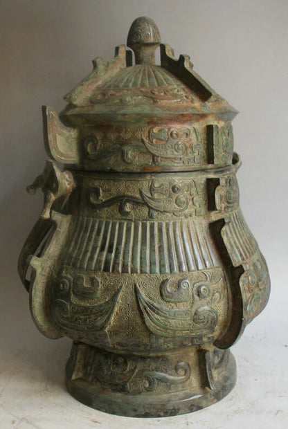 song voge gem S2169 20" Old Chinese Bronze Folk Beast Bird food vessel portable Pot jug jar kettle