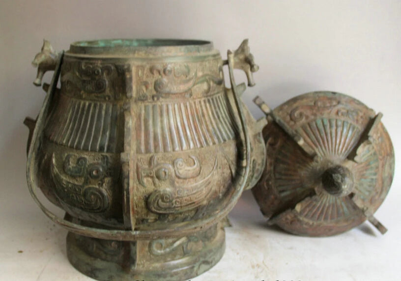 song voge gem S2169 20" Old Chinese Bronze Folk Beast Bird food vessel portable Pot jug jar kettle
