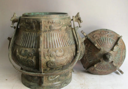 song voge gem S2169 20" Old Chinese Bronze Folk Beast Bird food vessel portable Pot jug jar kettle
